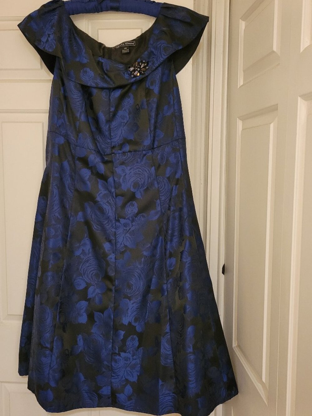 NWT Jessica Howard Blue Black Brocade Cocktail Dress Brooch 18W Vintage